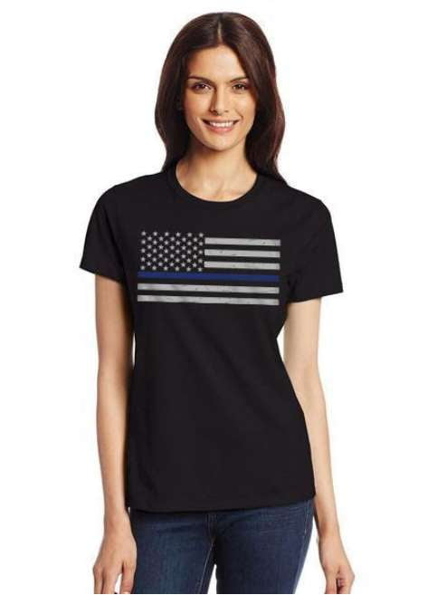 ISupportMyHero Women's Thin Blue Line American Flag T Shirt 