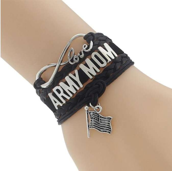 ISupportMyHero Leather Army Charm Bracelet - For Moms & Wives Mom / Black