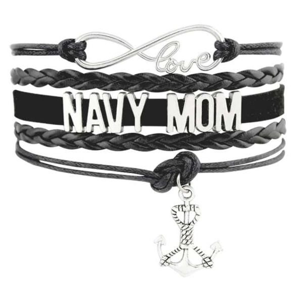 ISupportMyHero Leather Navy Charm Bracelet - Mom or Wife Styles! Mom / Black
