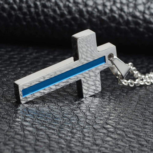 ISupportMyHero Thin Blue Line Silver Cross Pendant Necklace 