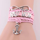 ISupportMyHero Leather Navy Charm Bracelet - Mom or Wife Styles! Mom / Pink