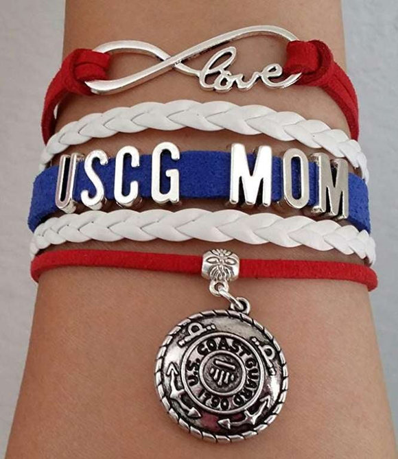 ISupportMyHero Leather Coast Guard Charm Bracelet - Mom or Wife Styles! 