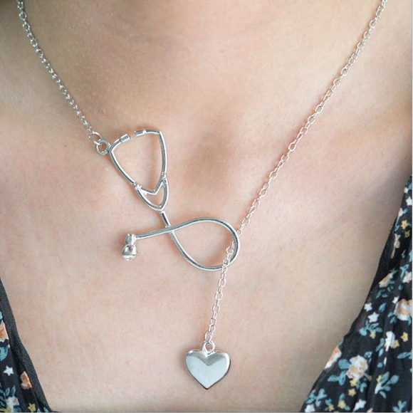ISupportMyHero Stunning Nurse Necklace - Stethoscope & Heart Loop - Gold or Silver Silver