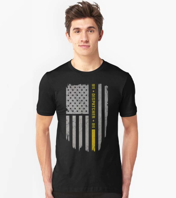 ISupportMyHero Men's Thin Gold Line Flag 911 Dispatcher Shirt 