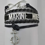 ISupportMyHero Leather Marine Charm Bracelet - Mom or Wife Styles! Wife / Black