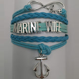 ISupportMyHero Leather Marine Charm Bracelet - Mom or Wife Styles! Wife / Blue