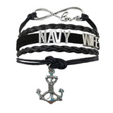 ISupportMyHero Leather Navy Charm Bracelet - Mom or Wife Styles! Wife / Black