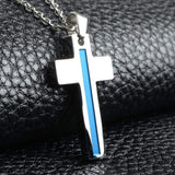 ISupportMyHero Thin Blue Line Silver Cross Pendant Necklace 