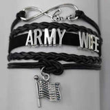 ISupportMyHero Leather Army Charm Bracelet - For Moms & Wives Wife / Black