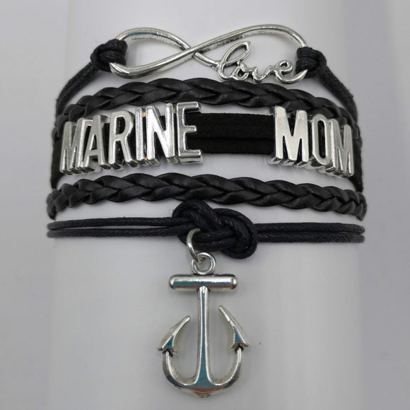 ISupportMyHero Leather Marine Charm Bracelet - Mom or Wife Styles! Mom / Black